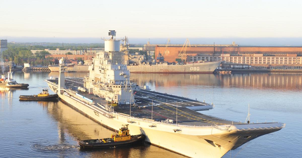 The INS Vikramaditya, formerly a Russian cruiser, leaves Severodvinsk harbor on June 8 for sea trials. (Photo: Sevmash)