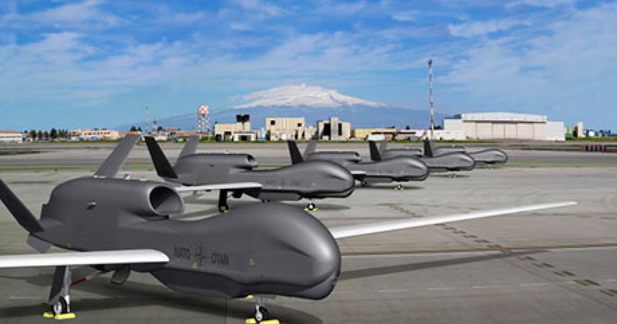 NATO’s plans to operate a fleet of five Global Hawks for ground surveillance have been called into question by the German decision to cancel the similar Euro Hawk. (Image: Northrop Grumman) 