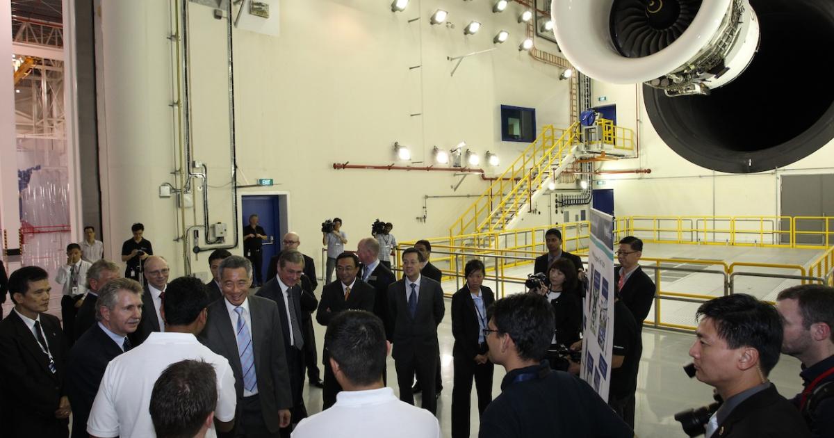 Singapore’s Prime Minister Lee Hsien Loong at the grand opening of Rolls-Royce's new engine assembly and test facility at Seletar Aerospace Park.
