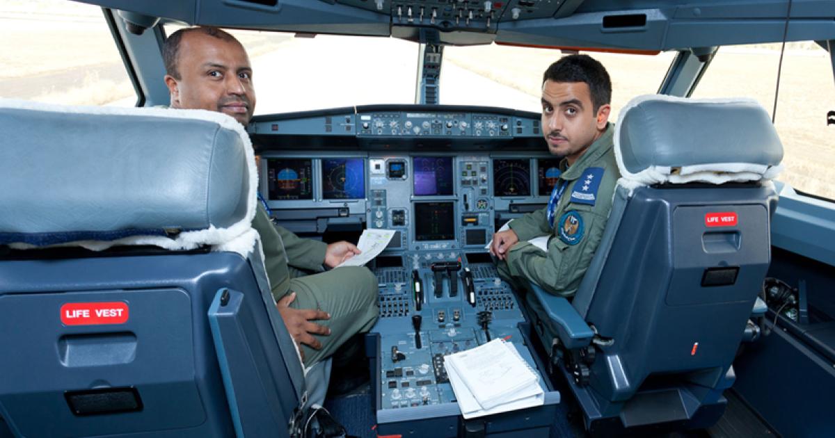 The first of six A330 Multi-Role Tanker Transports  is due for delivery to the Royal Saudi Air Force (RSAF) later this month. Aircrews began conversion at Airbus Military’s Getafe, Madrid facility late last month. RSAF Col Al Burikan (right) and Lt. Al Majed (left) are two of the pilots being trained there over the next two months. Meanwhile, the UAE Air Force has also ordered three A330MRTTs, with deliveries due next year.