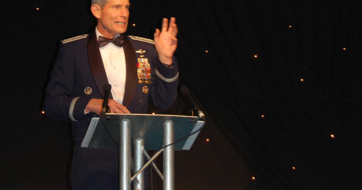 U.S. Air Force commander Gen Norton Schwarz speaks at the RIAT Gala Dinner in 2010. More than 40 air chiefs are attending the black-tie event this year. (Photo: Chris Pocock)