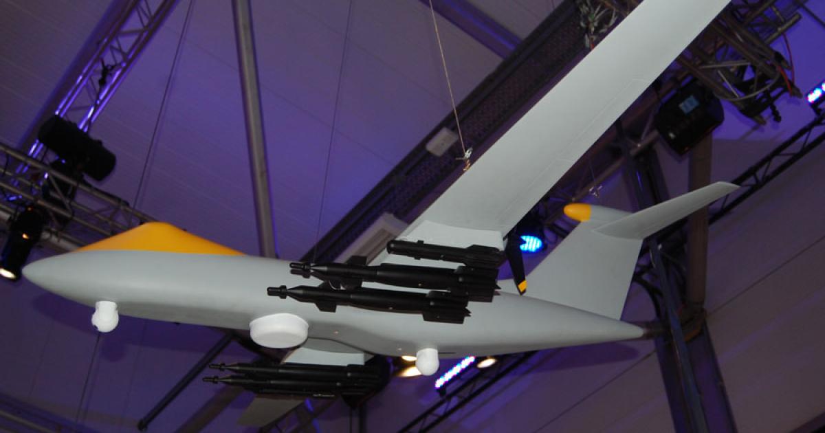 This model of an armed Mantis Male UAV was on show in the BAE Systems pavilion at the recent Farnborough airshow. (Photo: Chris Pocock)