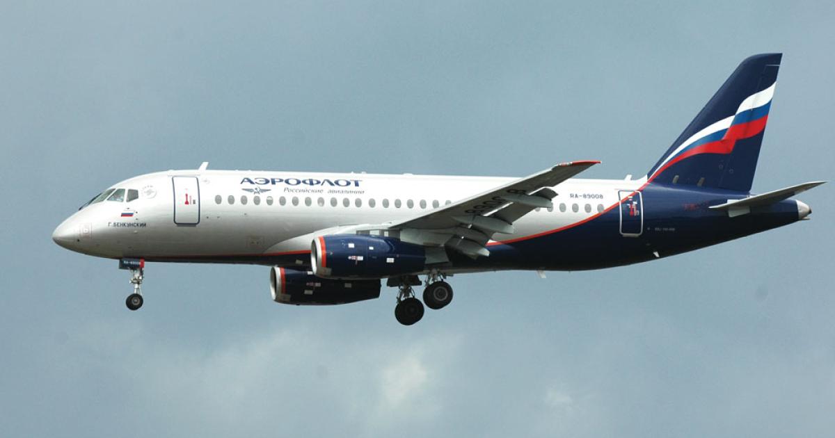 Sukhoi claims its new long-range Superjet SSJ100-95LR regional jet is ideal for traveling relatively short distances and can carry 98 passengers on routes of 2,212 nm.