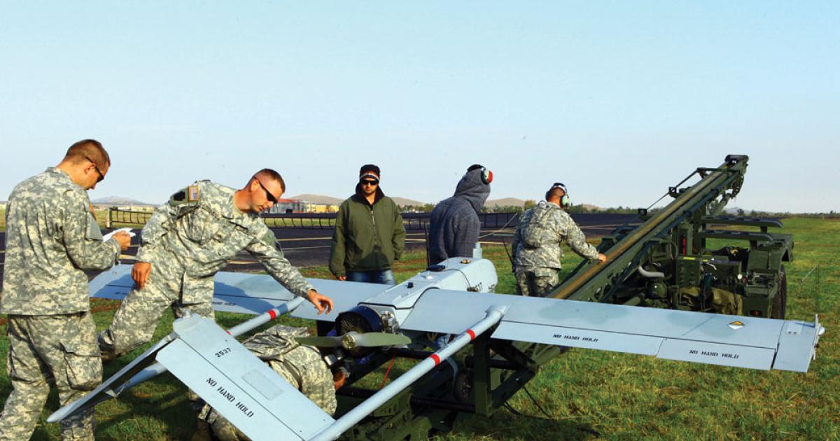 Oklahoma Army National Guard soldiers prepare a Textron AAI Corporation RQ-7B Shadow for launch from a pneumatic catapult at Fort Sill, Oklahoma.