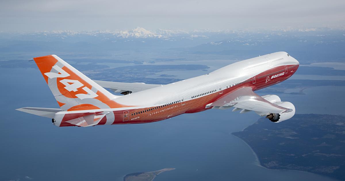 Plans call for a Boeing 747-8 Intercontinental, dressed in its new “sunrise” livery, to make its international debut at the Paris Air Show on June 19. (Photo: Boeing)