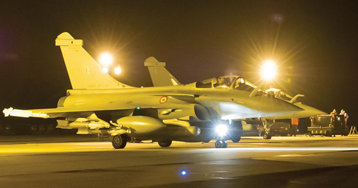 Loaded with GBU-12 bombs and a Damocles targeting pod, a Rafale departs St. Dizier airbase in the early hours of Sunday, January 13, en route to targets in Mali. (Photo: French Air Force)