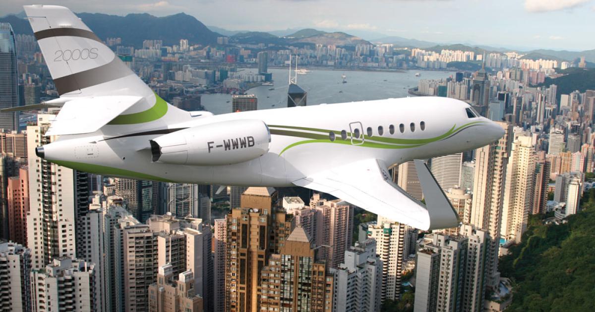 Dassault’s new entry-level, large-cabin Falcon 2000S offers a 3,350-nm range.