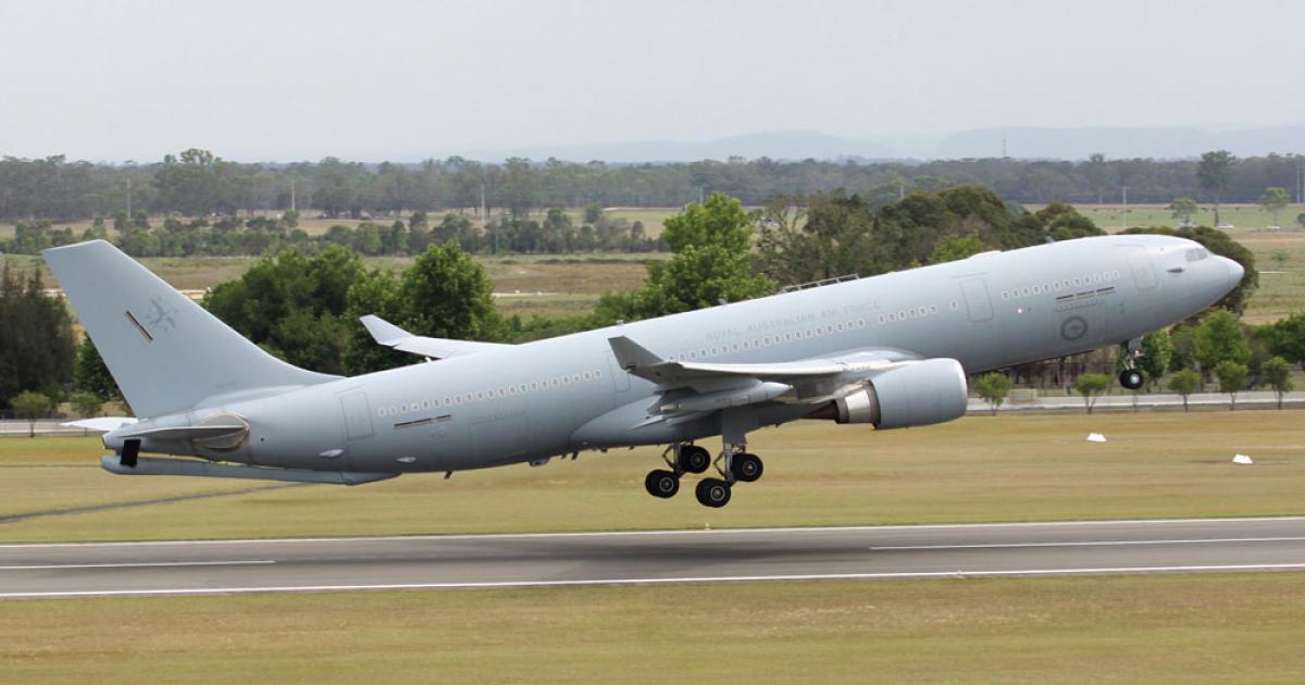 An Australian KC-30A operates from its base at RAAF Amberley. The aircraft is cleared to refuel both “legacy” and Super Hornets using its wing pods, but the boom has not yet been approved for use. 