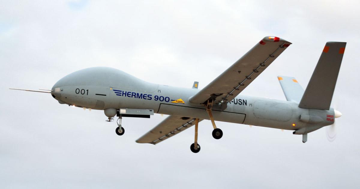 The Elbit Systems Hermes 900 medium-altitude, long-endurance (Male) UAV in flight. The Israeli company announced a mixed-fleet sale of Hermes 900 and smaller 450 UAVs to a country identified independently as Colombia. (Photo: Elbit Systems)