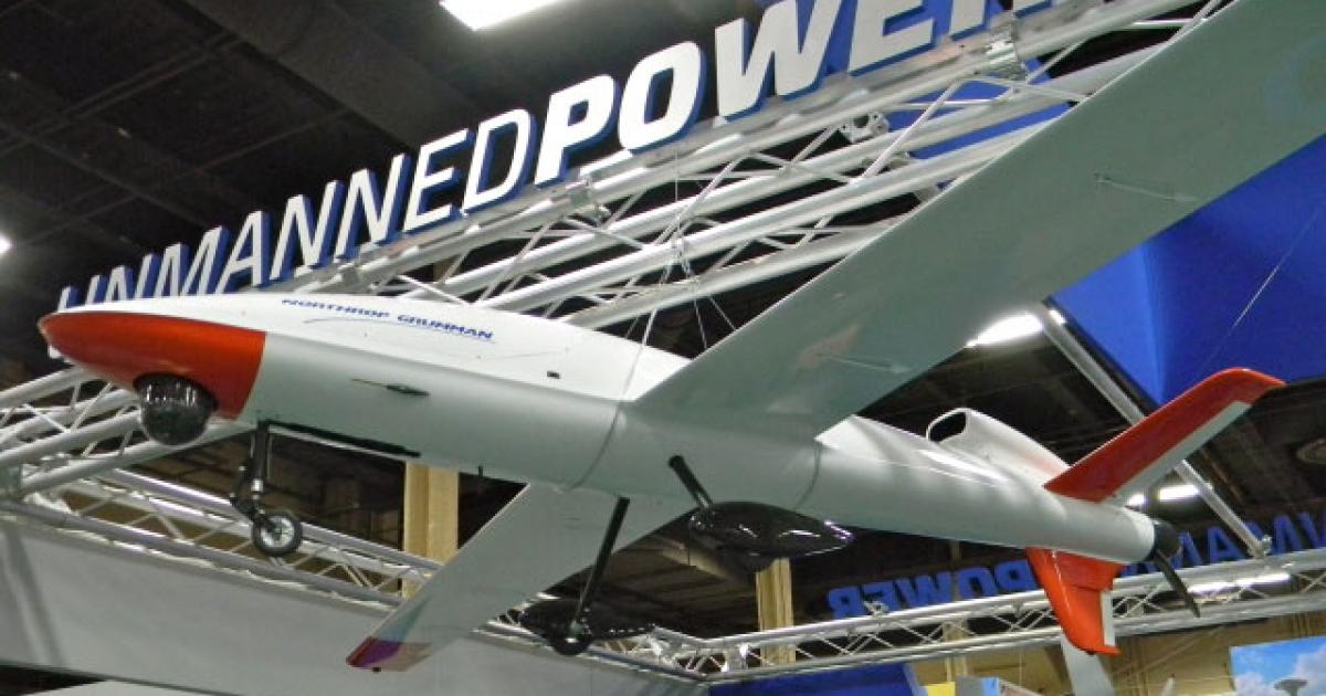 Northrop Grumman displayed a model of the Sandstorm remotely piloted aircraft at the Unmanned Systems North America conference in Las Vegas. (Photo: Bill Carey)