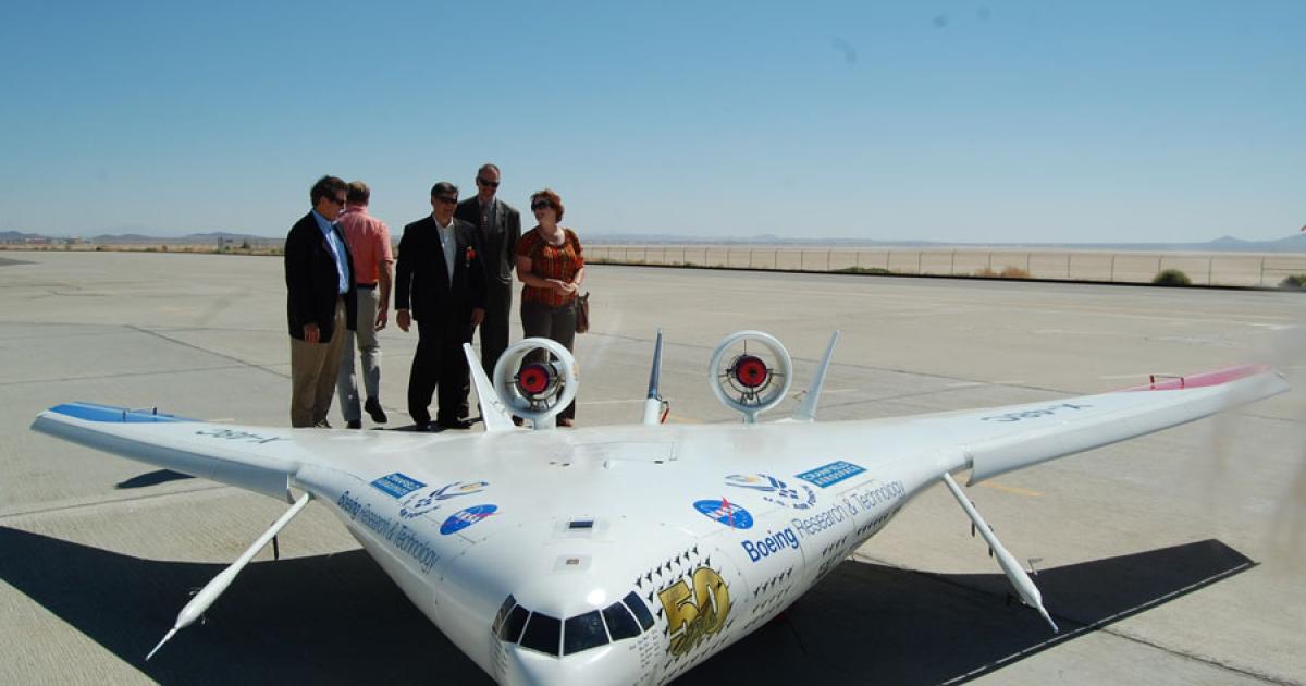 The X-48C blended wing body research vehicle on the ramp at NASA’s Dryden Flight Research Center at Edwards AFB, a few weeks before its first flight. (Photo: Chris Pocock)