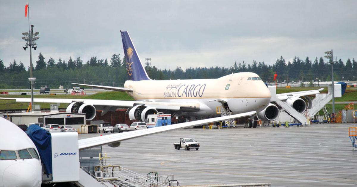 A 747-8F destined for Saudi Arabian Airlines undergoes preparation for delivery in Everett, Washington. 