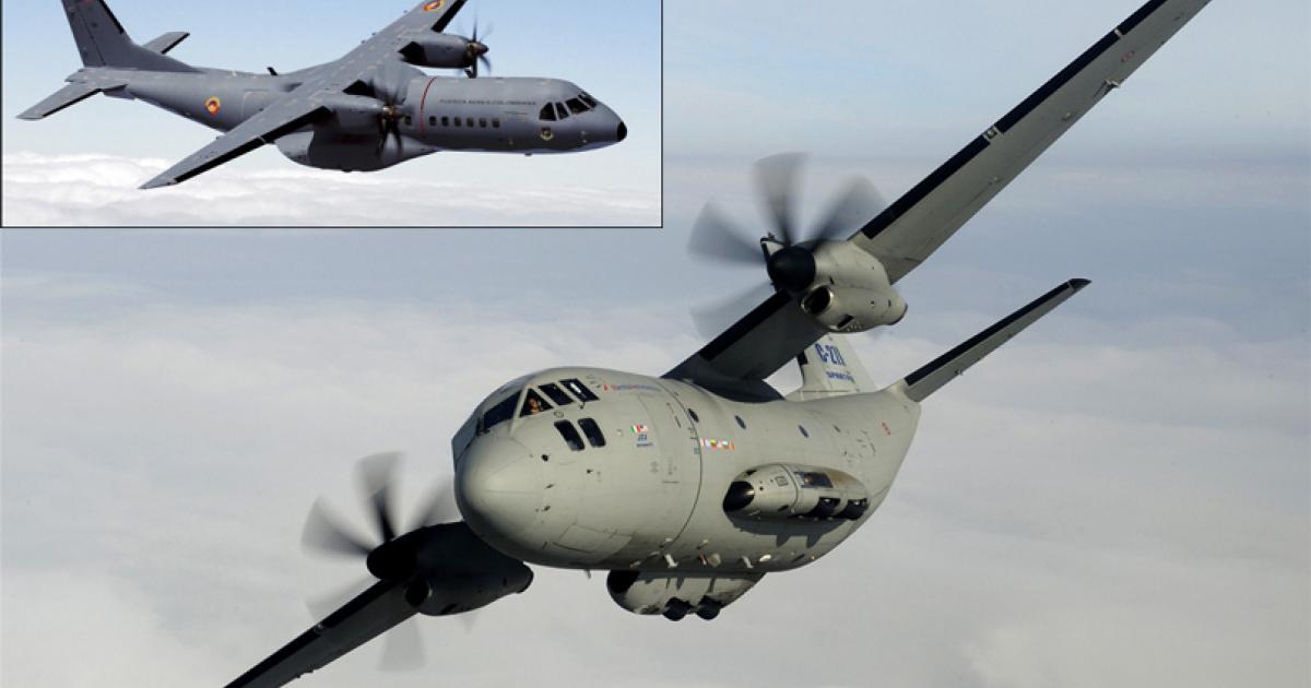 Europe’s rival medium-size airlifters–the Airbus C295 (inset) and Alenia C-27J (foreground)–are running neck-and-neck in total sales.