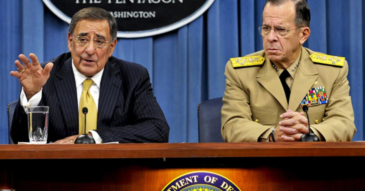 U.S. Secretary of Defense Leon Panetta and Navy Admiral Mike Mullen, chairman of the Joint Chiefs of Staff, address the media following passage of debt-limit legislation. (Photo: DOD/R.D. Ward)