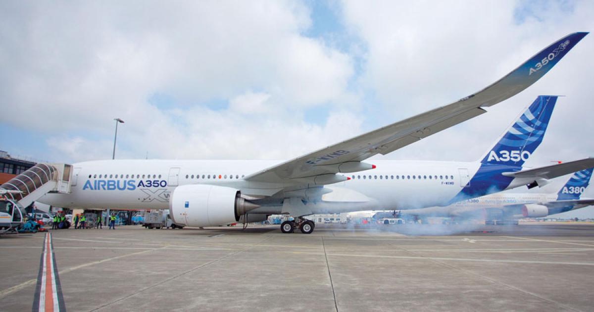 Final preparations for the new Airbus A350’s flight-test program began in earnest earlier this month with the first running of its Rolls-Royce Trent XWB engines, of which 12 development examples had previously logged more than 250 hours flying and a further 4,200 hours/7,400 cycles in ground running.