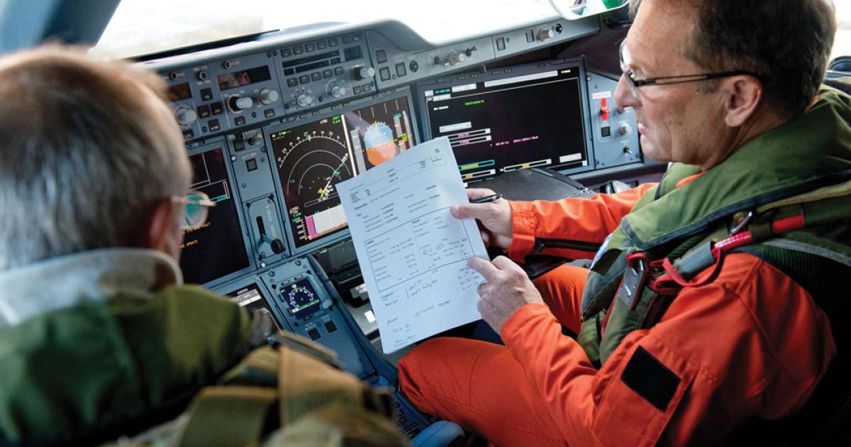Test pilots review elements of the flight plan before a test hop in the Airbus A350 XWB. The teams of suppliers that contributed to the program are closely watching the trials.