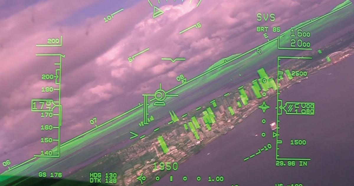 A view of Seattle through the Rockwell Collins HGS HUD with synthetic vision display.