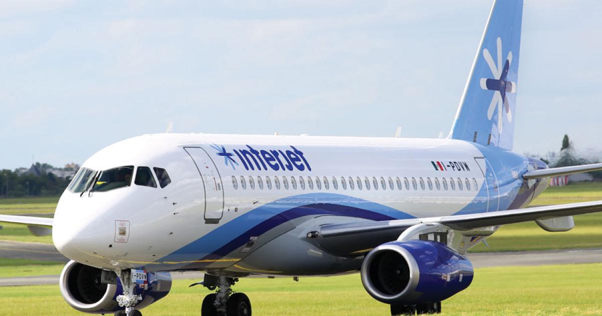 The first Superjet 100 destined for Mexican airline Interjet sits on display at the Le Bourget static park.