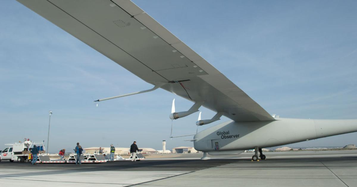 AeroVironment flew its stratospheric, very-long-endurance UAV for the first time on August 5. Powered by batteries, the unmanned aircraft flew for one hour and climbed to 4,000 feet. 