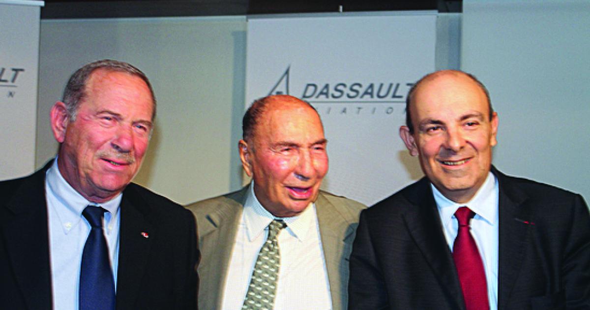 Three generations of Dassault leadership at last Friday’s event: Eric Trappier (right) was joined by his predecessor Charles Edelstenne (left) and company patriarch Serge Dassault (centre). (Chris Pocock)