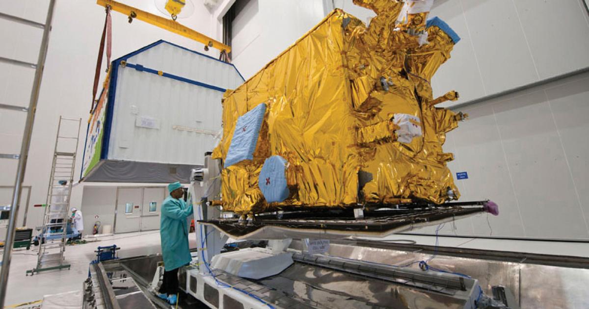 INSAT-3D being removed from its shipping container.