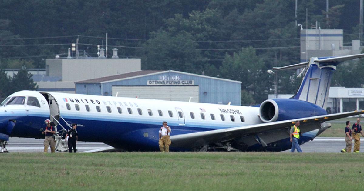 A Trans States Airlines Embraer ERJ 145 skidded off Ottawa’s 10,000-foot Runway 14-32 on September 4. (Photo: Peter Tsagaris/www.airliners.net)