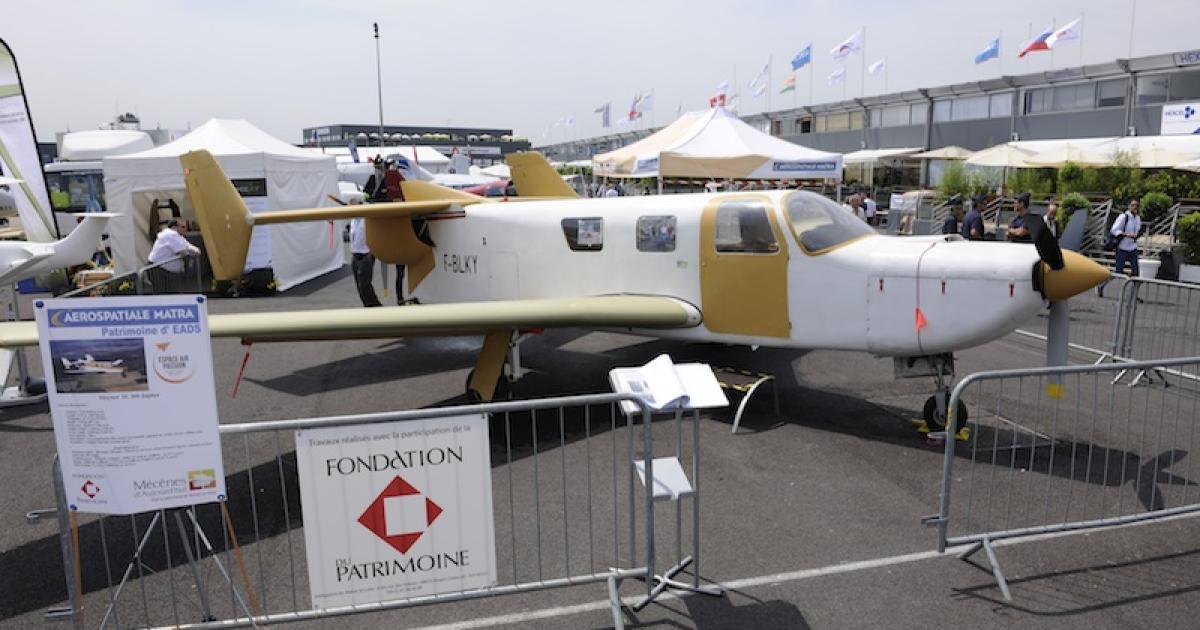 The Moynet Jupiter 360, a tandem-engine light twin that first appeared at the Paris Air Show in 1965, has returned to the Salon this year. This airplane is undergoing restoration with the aim of having it back in the air in 2015 to mark the 50th anniversary of its first flight and its debut appearance at Le Bourget. (Photo: Mark Wagner)