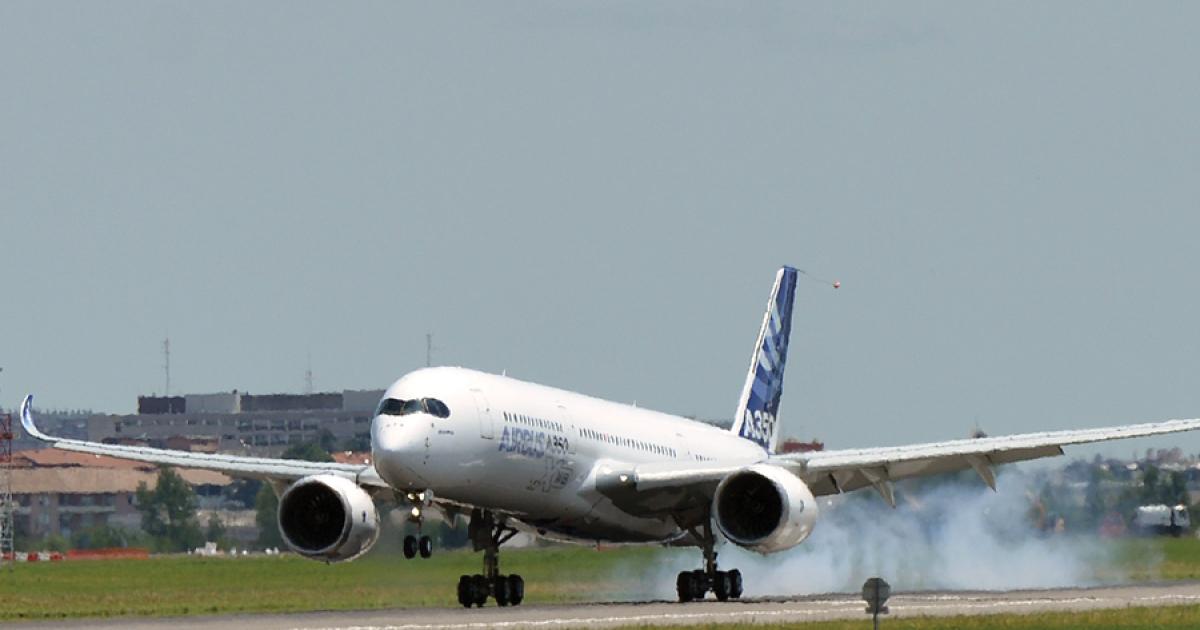 Airbus’s A350 XWB touches down on the Toulouse runway after its initial test flight last Friday. The Roll-Royce Trent-powered airliner flew for about four hours on its maiden journey. (Photo: Vladimir Karnozov)