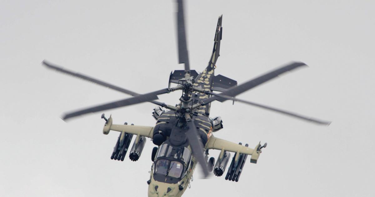 A Kamov test crew thrills Le Bourget crowds with the Ka-52’s maneuverability. (Photo: Mark Wagner)