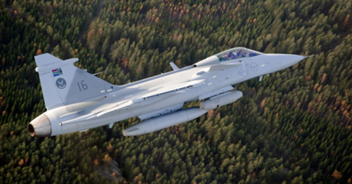 Saab recently began flight integration trials with the Thales DJRP reconnaissance pod attached to the intake pylon of a South African Gripen C. (Photo: Saab)