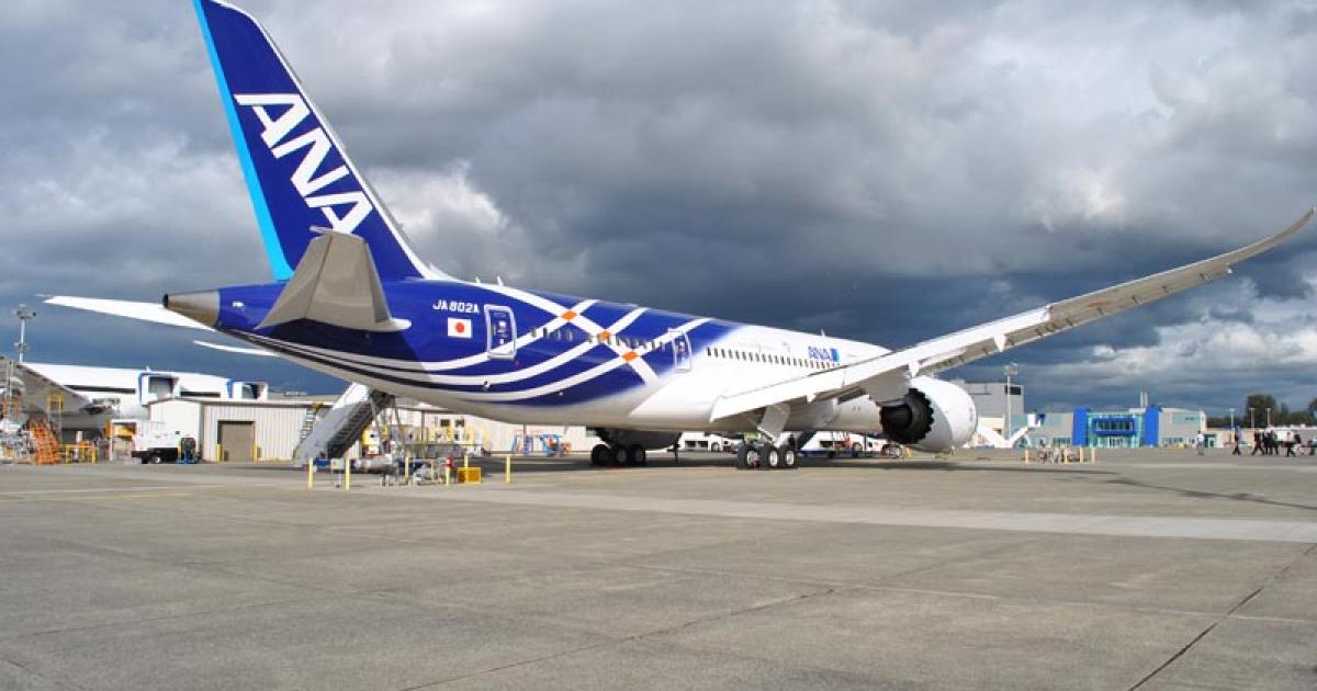 ANA’s second 787, still sitting on Boeing property in Everett, Wash., will join the first airplane at the airline’s Tokyo base in the coming weeks. (Photo: Gregory Polek)