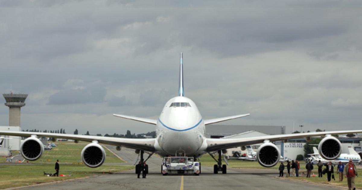 Boeing ferried its new Boeing 747-8 Freighter all the way from its home in Seattle to make its international debut at the Paris Air Show, powered by a mix of plant-based biofuel and standard jet-A. (Photo: David McIntosh)
