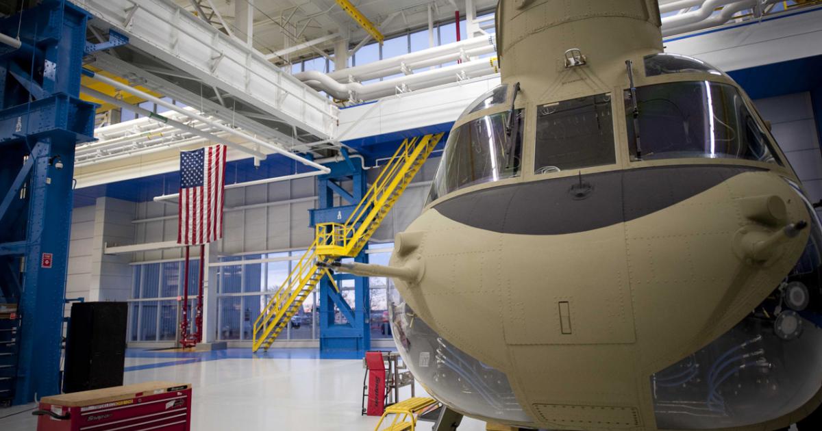 A nearly-completed CH-47 Chinook inside the factory near Philadelphia. (Photo: Boeing)