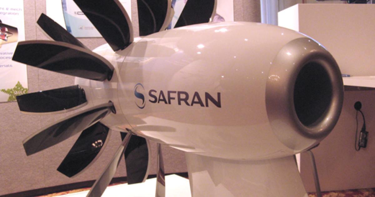 European companies' work toward “greener” air transport under the Clean Sky program has taken the form of open rotor technology such as that under study by Safran subsidiary Snecma. The company displayed the mockup at the first Clean Sky conference, held in Brussels last week.