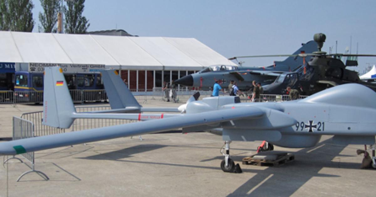 On show last month at ILA in Berlin is one of the Luftwaffe’s IAI Malat Herons, operated by Rheinmetall under contract. Planned cuts may see more of these acquired and the end of German interest in the EADS Talarion. (D. Donald)