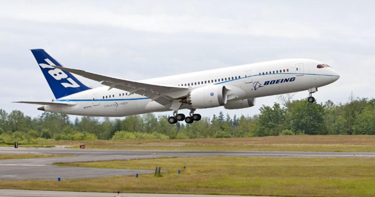 The fifth Boeing 787 and the first Dreamliner powered with GE engines took to the air for the first time on June 16 from Everett, Wash. (copyright Boeing)
