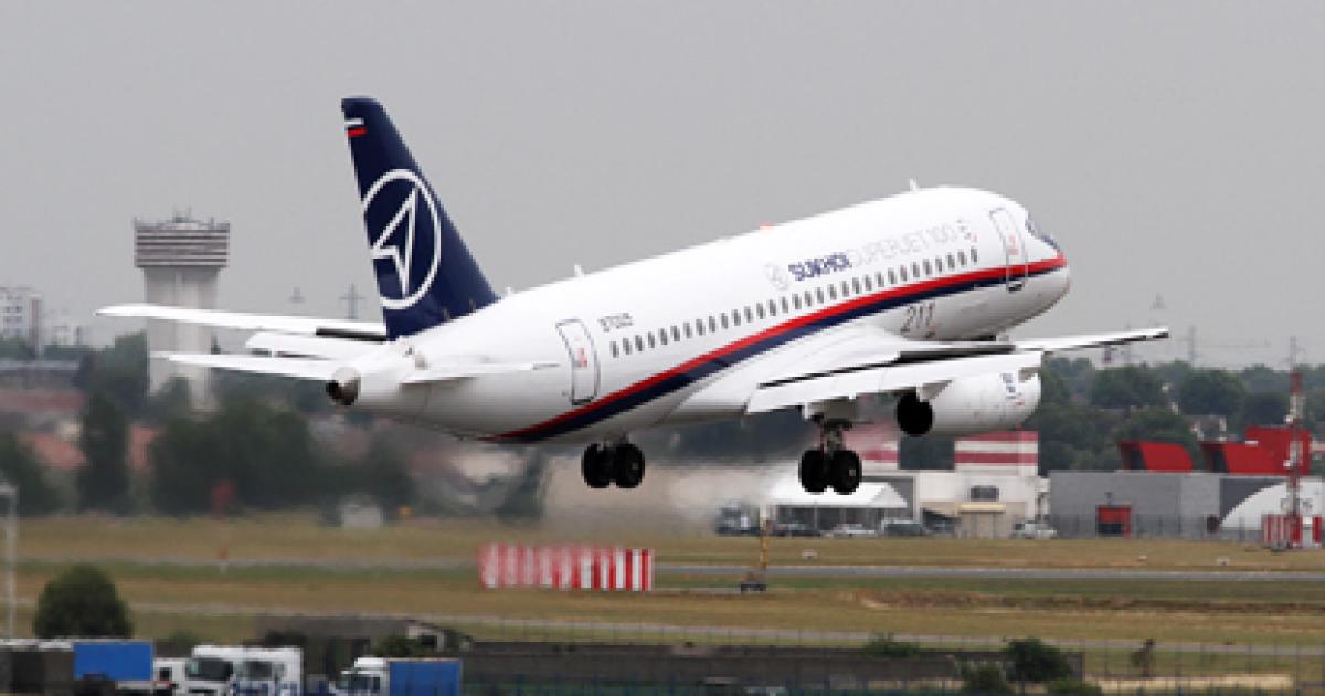 The Sukhoi Superjet 100 participated in the Paris Air Show’s flying displays. (Photo: David McIntosh)