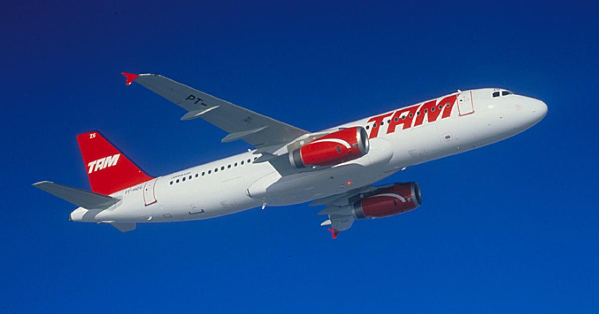 Brazil’s TAM over the summer placed a new order for 20 Airbus A320-family aircraft–bringing its total to 134–and Chile’s LAN signed an MOU for 50 of the European twinjets. Together, the airlines would operate a fleet of 220 airplanes to 115 destinations. (Copyright Airbus)