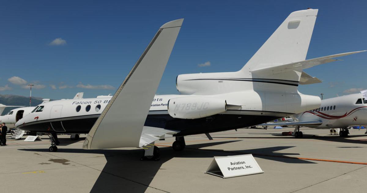 Seattle, Washington-based Aviation Partners claims a 5-percent boost in range at Mach 0.80 for the Falcon 50, and a 7-percent increase at long-range-cruise speeds. Photo: Mark Wagner
