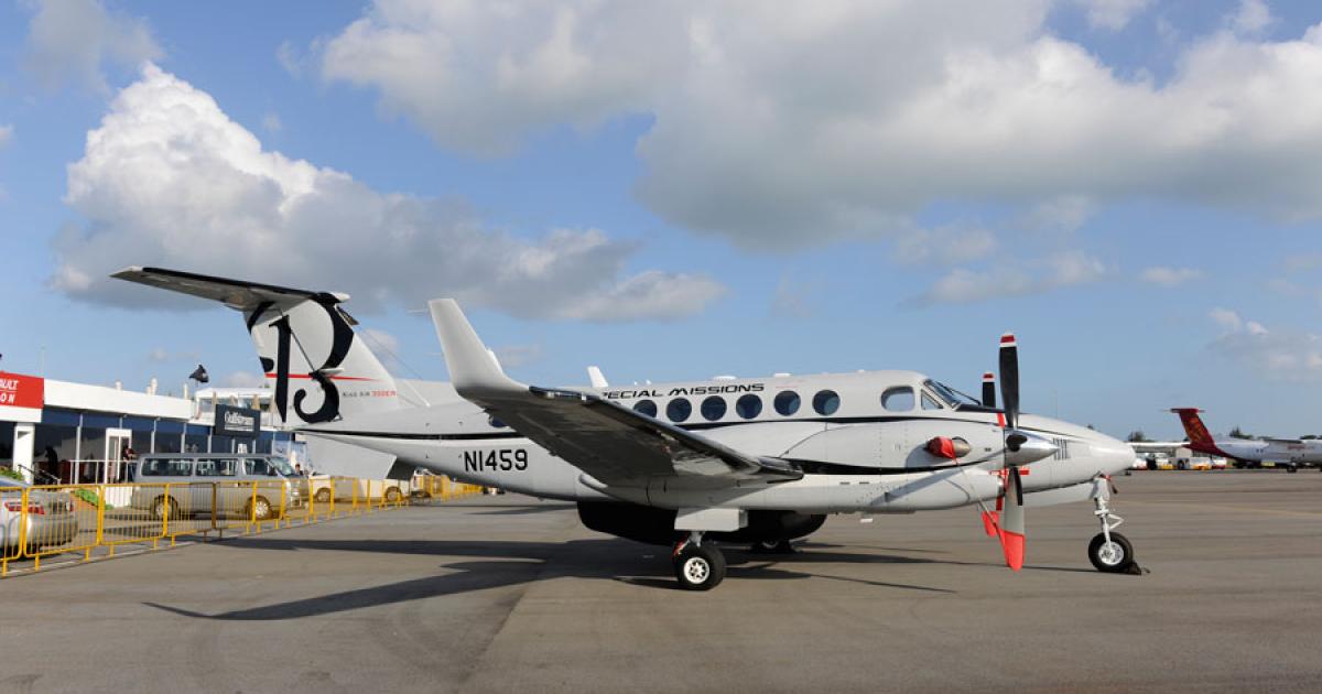 Hawker Beechcraft is exhibiting its King Air 350ER special-mission demonstrator in the Singapore Airshow static display, the first time the type has appeared in the Asia Pacific region. Photo by Mark Wagner.