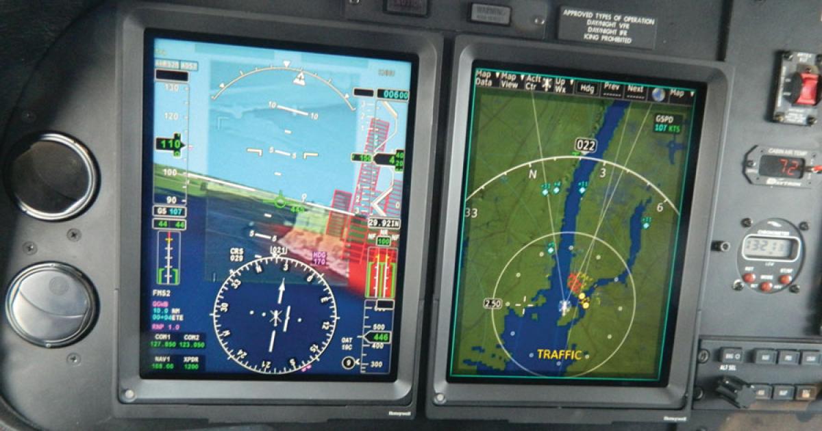 As Honeywell’s AW139 approaches Manhattan from the south, the synthetic-vision system with infrared clearly highlights in red buildings that pose a danger to the helicopter, while the green flight-path marker (middle of left screen) shows a safe path away from these obstacles. The helicopter has four large, vertical, full-color Honeywell Primus Epic primary flight displays (PFDs), two in front of each pilot position.