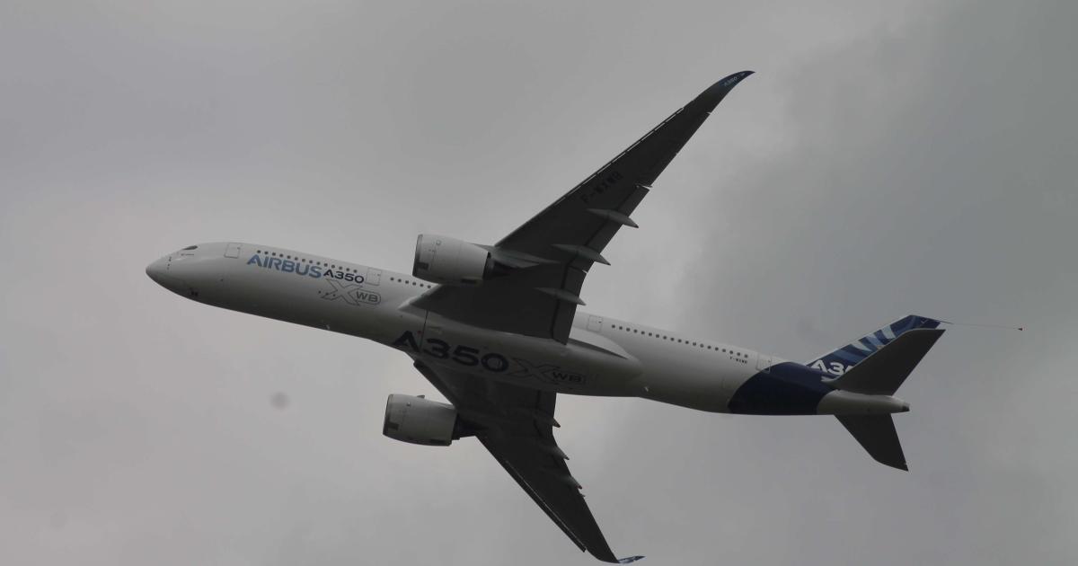 The A350XWB made a surprise flyby appearance at the Paris Air Show today. [Photo: Chris Pocock]