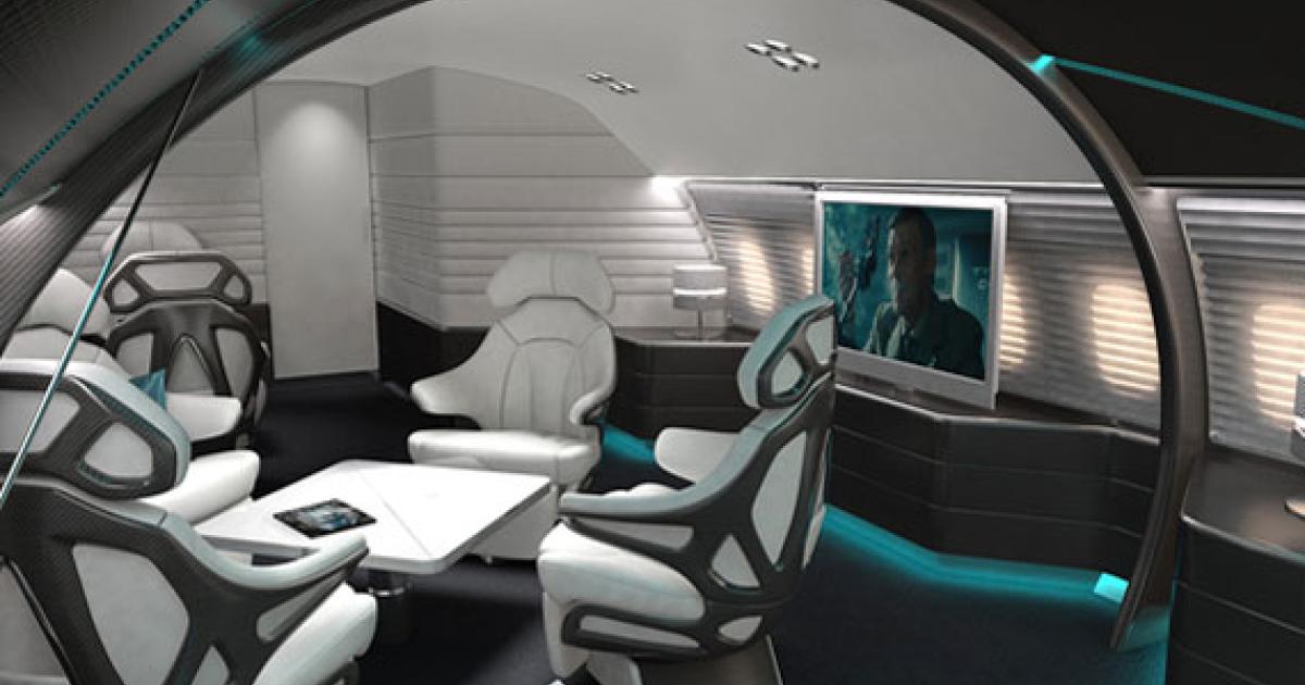 The lounge in the ABJ-Q has a principal seat with a control center allowing the passenger to change all aspects of the cabin environment with “intuitive movements of the hand.” 