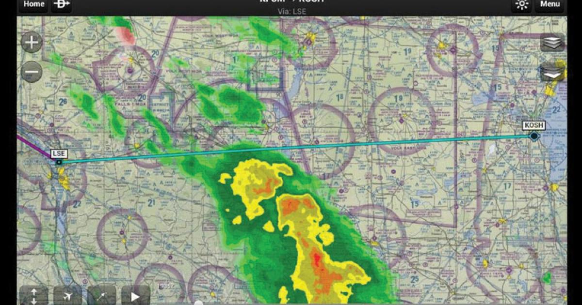 Garmin Pilot offers Nexrad images, as well as FIS-B weather capability when used with the GDL 39 portable ADS-B receiver. (Image provided by Garmin Inc.)