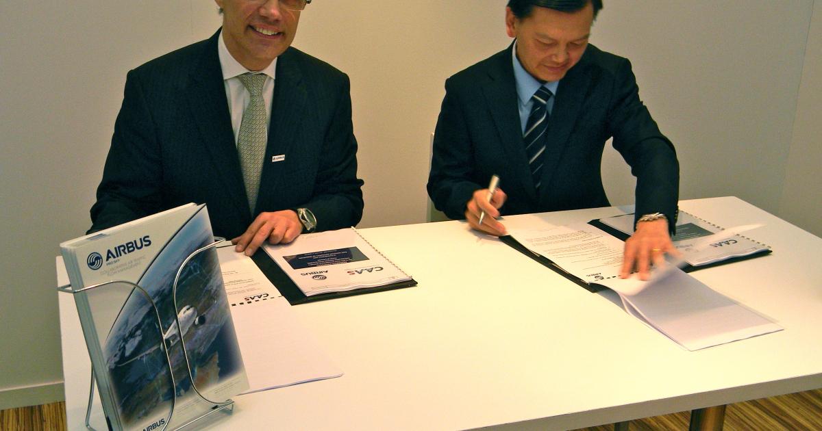Eric Stefanello, Airbus ProSky president (l), and Civil Aviation Authority of Singapore director general Yap Ong Heng seal a research collaboration agreement for air traffic flow management on Wednesday in Madrid. (Photo: Bill Carey)