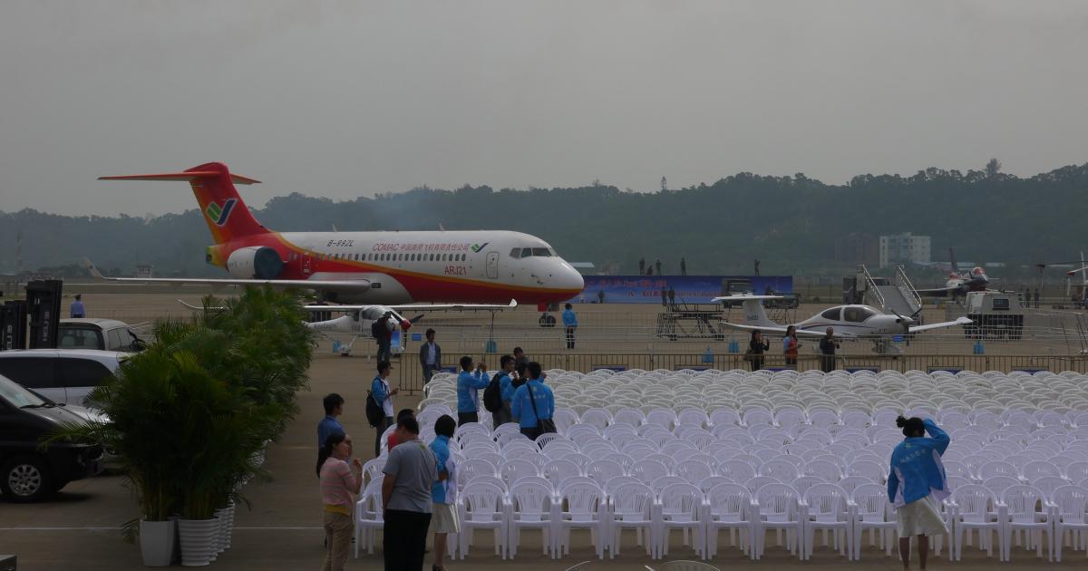 The Comac group's ARJ21 regional airliner was one of the early arrivals on an Airshow China static display that is set to be packed with some 80 aircraft. [Photo: Amy Laboda]