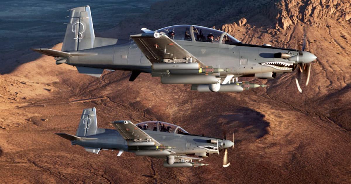 The AT-6 by Hawker Beechcraft sports a mission system lifted from the A-10C Thunderbolt II and a sensor system from the MC12W Liberty aircraft currently deployed in Afghanistan.
