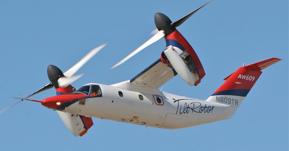 Two AgustaWestland 609 tiltrotor prototypes have accumulated 750 test hours in flight tests, while two more test aircraft–slated to join the program this year and next–are under construction in Italy. Certification is planned for 2016.
