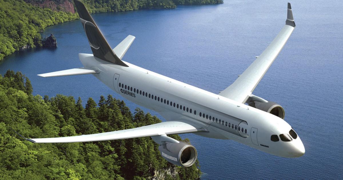 The CSeries “super regional” jet aims to lower operating costs with fly-by-wire composite wings and geared turbofans.
