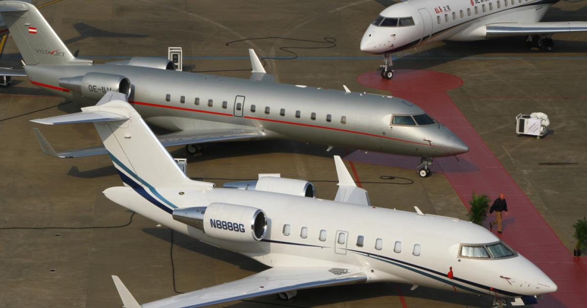 Among the 30 aircraft on static display at ABACE 2012, the Bombardier is showing no fewer than 11 business jets.